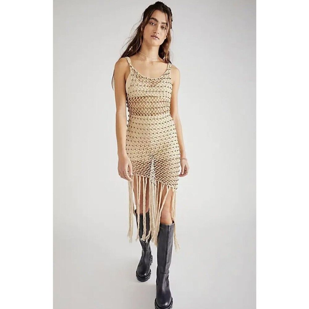 Free People Beige Crochet Fringe Maxi Dress